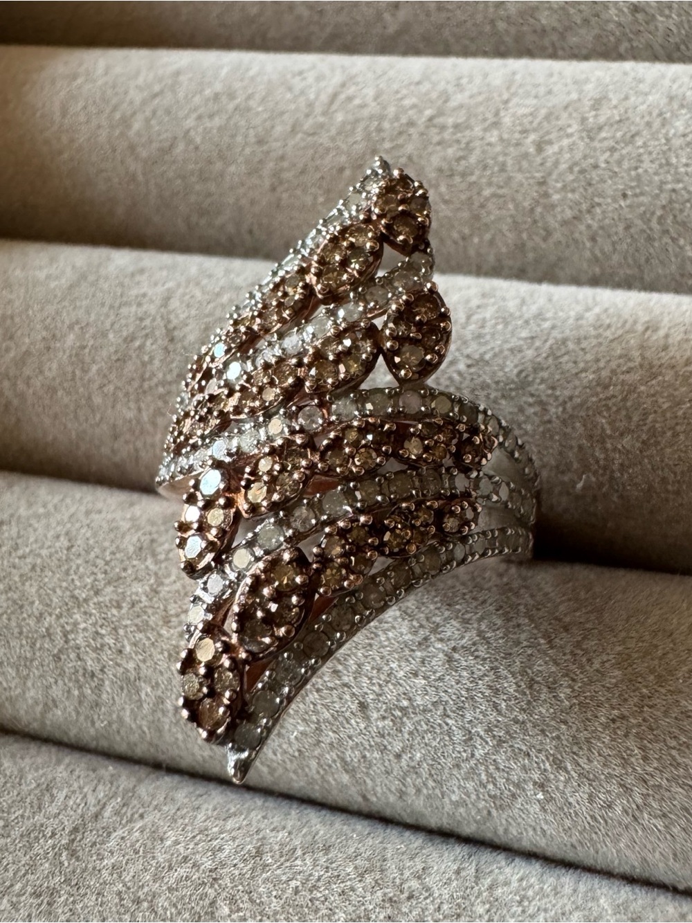 D’Joy 1.50 CTW Champagne & White Diamond Bypass Ring Size 9